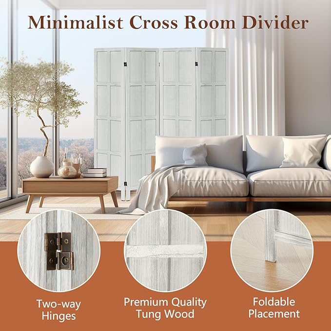 Leesinwing Wood Room Divider 4 Panel Folding Privacy Screen, Classic 5.6Ft - Image 4