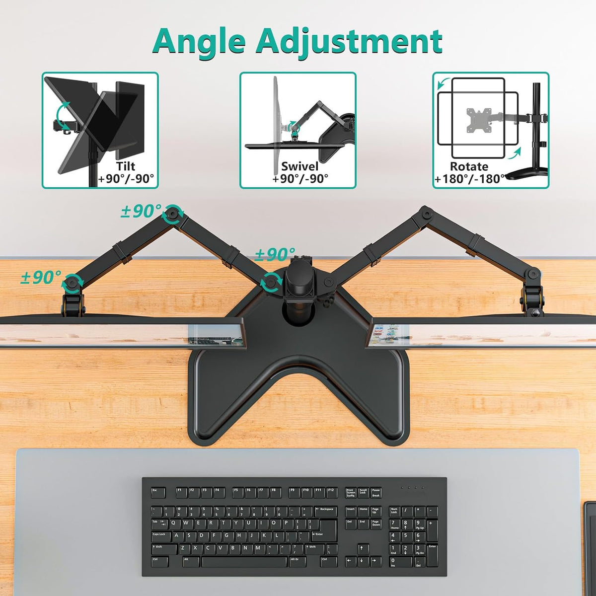 wali freestanding dual monitor stand for 13-27 inch showing dimensions