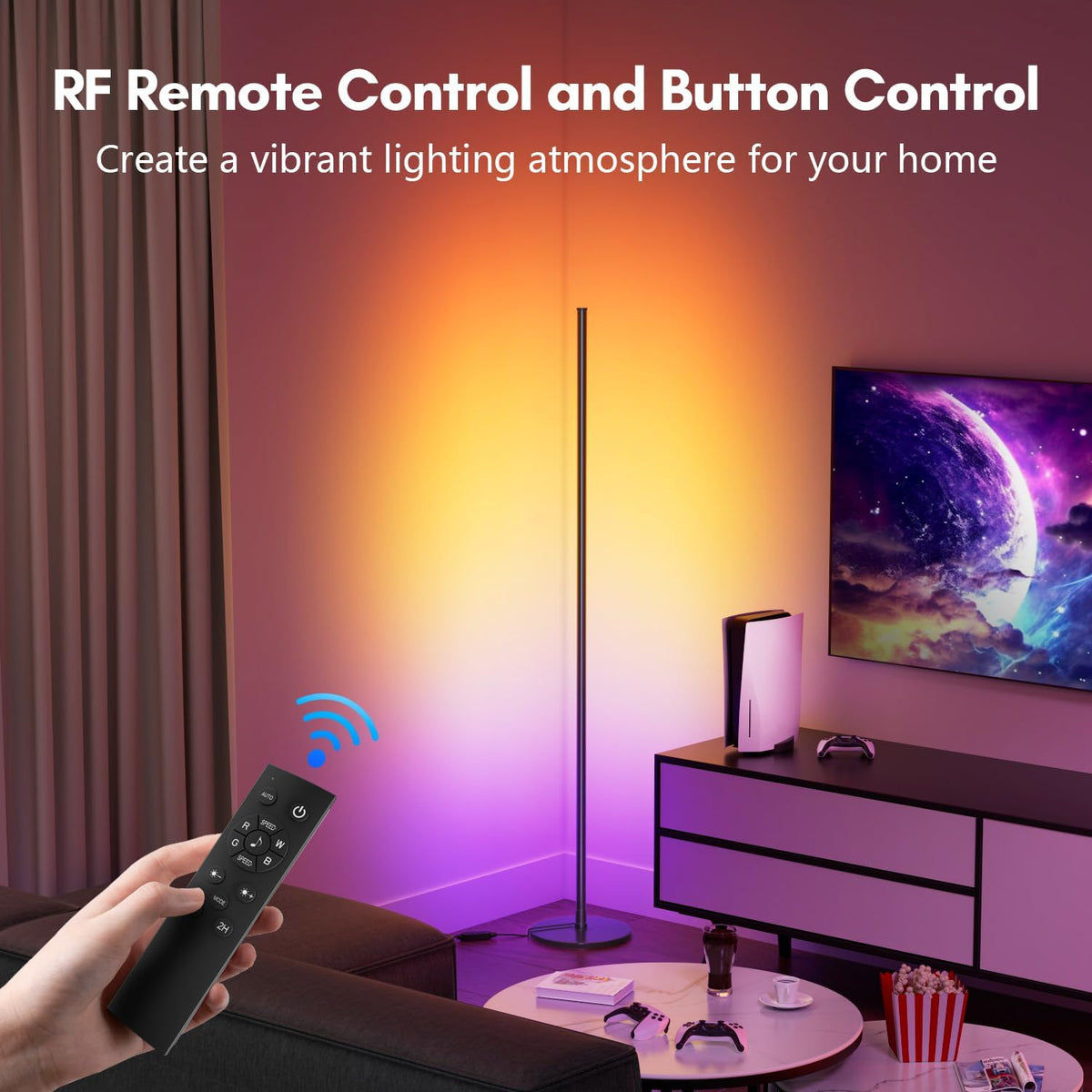 Bright LED RGB+IC Corner Floor Lamp with App, Remote Control Obsidian Black