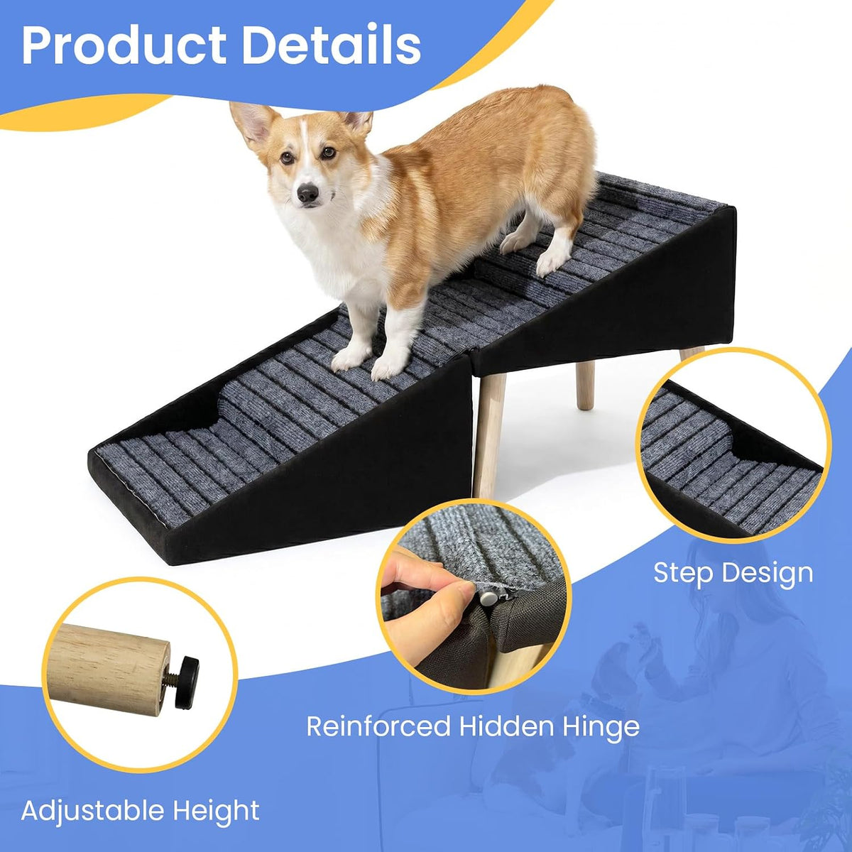 GYKLE 17.3" Foldable Wooden Dog Stairs & Ottoman, 2-in-1 Pet Ramp
