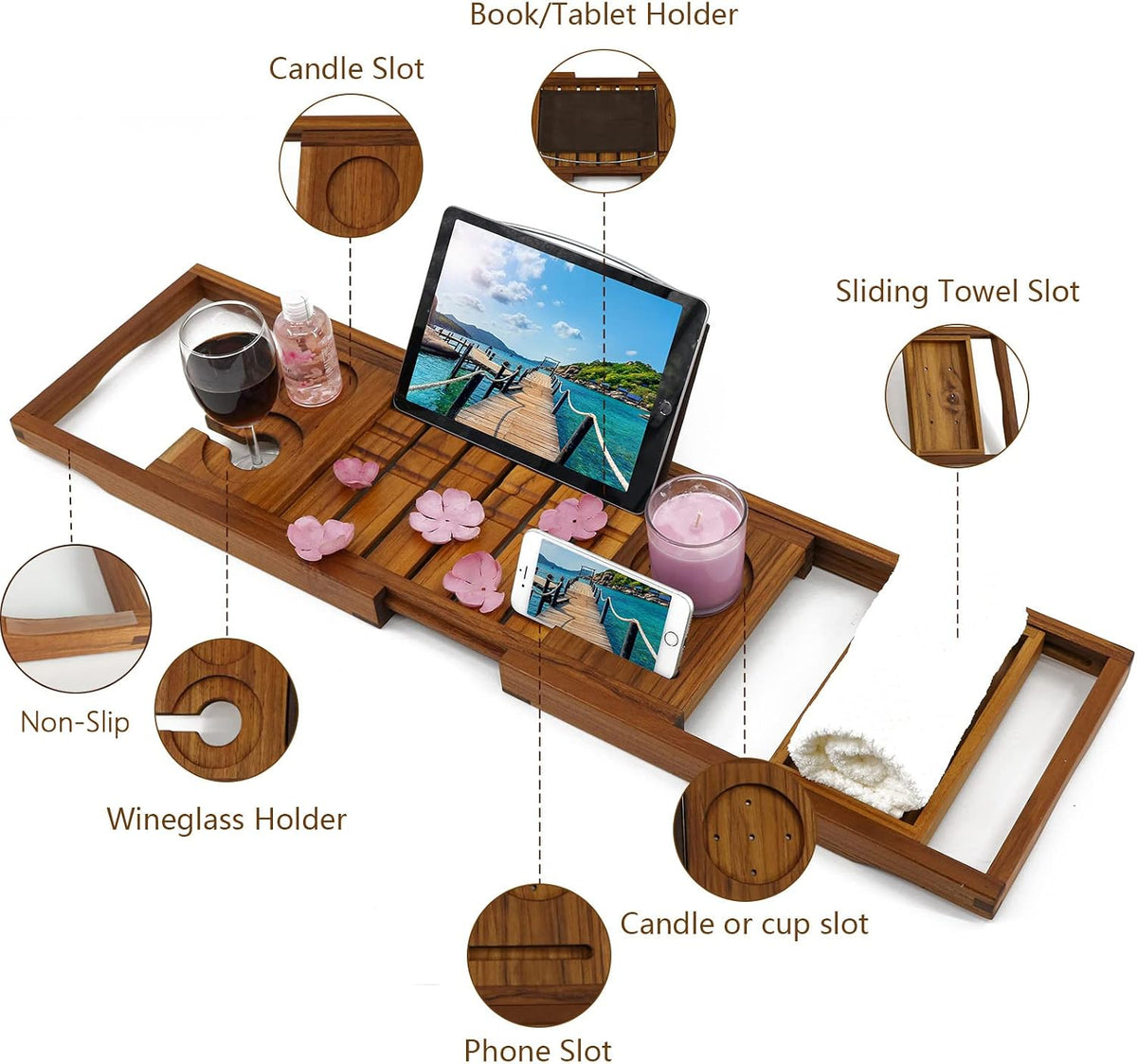 Utoplike Teak Bathtub Caddy, Expandable Bath Table Tray for Tub