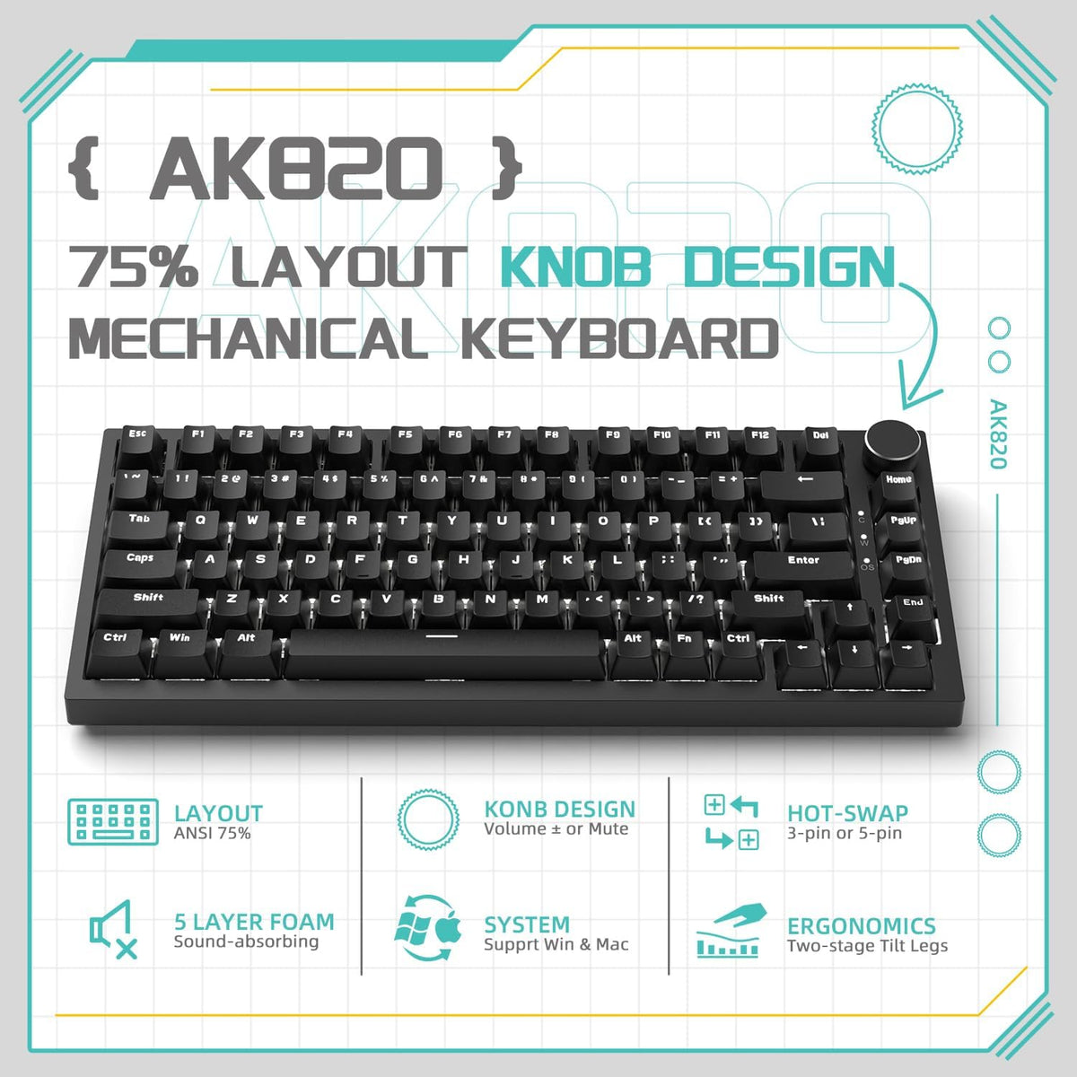 AJAZZ AK820 Mechanical Gaming Keyboard 75% Wired TKL Hot Swappable-Black