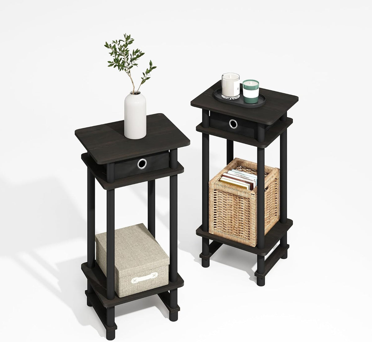 Furinno Modern Toolless 3-Tier Compact Side Table Set of 2, Black Espresso