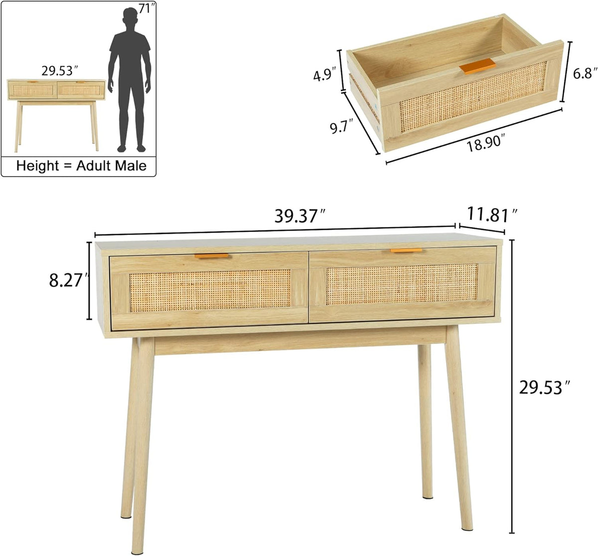 HOPUBUY Console Table Rattan Desk with Drawers, Narrow Sofa