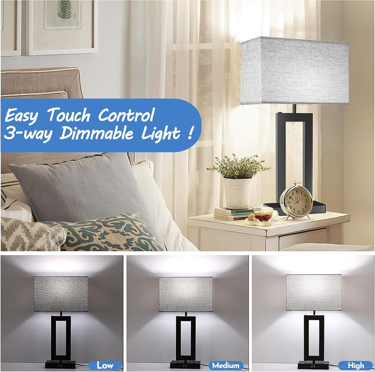 MoMyofdy 22’’ Tall Set of 2 Touch Control Table Lamp w. 2 USB Ports, 3-Way Di...