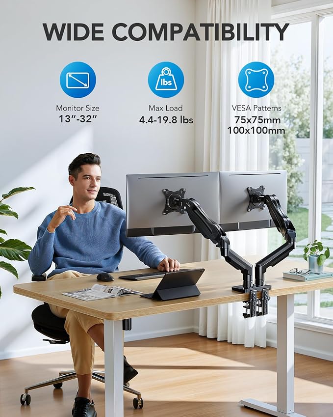 HUANUO Dual Monitor Stand, Fully Adjustable Gaming Monitor Desk Mount - Image 2
