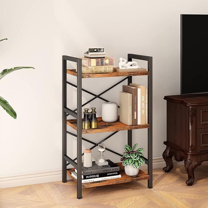 Homeiju Bookshelf, 3 Tier Industrial Bookcase, Metal Small Bookcase, Rustic - Image 2