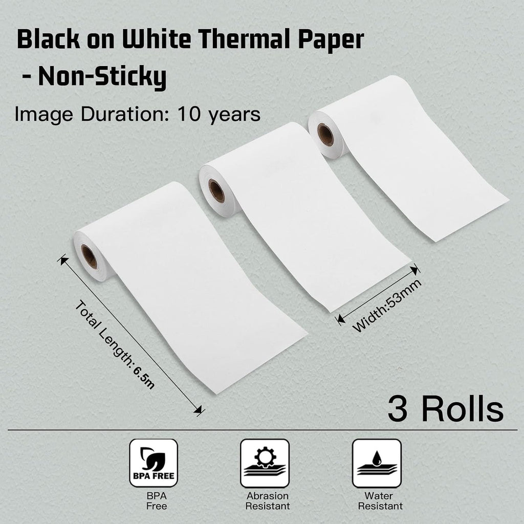 Memoking T02/M02X/M02L White Thermal Paper-10-Year Non-Sticky 53mmx6.5m for Journal Photo Texts Study Notes and More, 3 Rolls (Pack of 2)