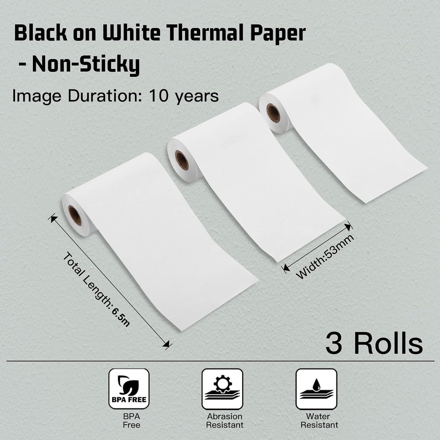 Memoking T02/M02X/M02L White Thermal Paper-10-Year Non-Sticky 53mmx6.5m for Journal Photo Texts Study Notes and More, 3 Rolls (Pack of 2)