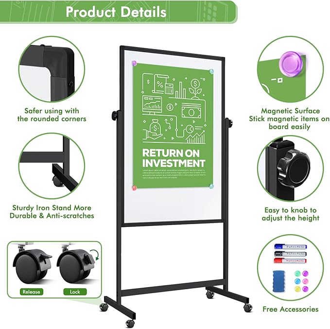 Rolling Whiteboard on Wheels, 32x48 Inches Double-Sided Magnetic Dry Erase Board - Image 6