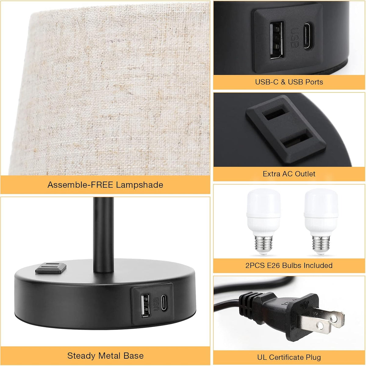 Bedside Table Lamps Set 2 for Bedroom - Dimmable Touch, USB C+A, AC Outlet