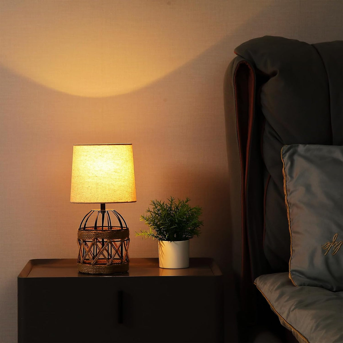 2 Pack Boho Rattan Table Lamps for Bedroom,Small Bedside Nightstand Lamp with...