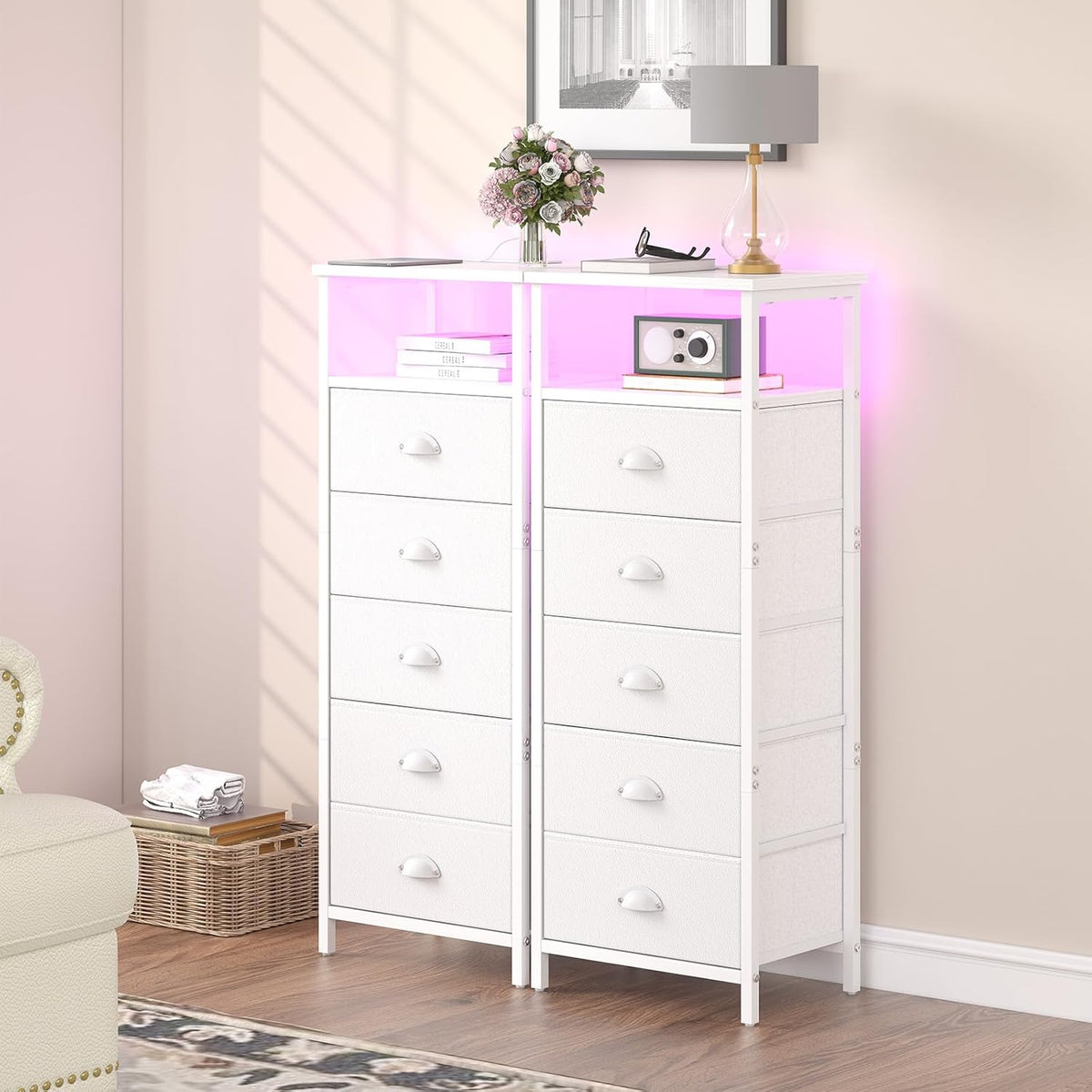 sthmec Nightstand with Charging Station,LED White Nightstands with 5 Fabric D...