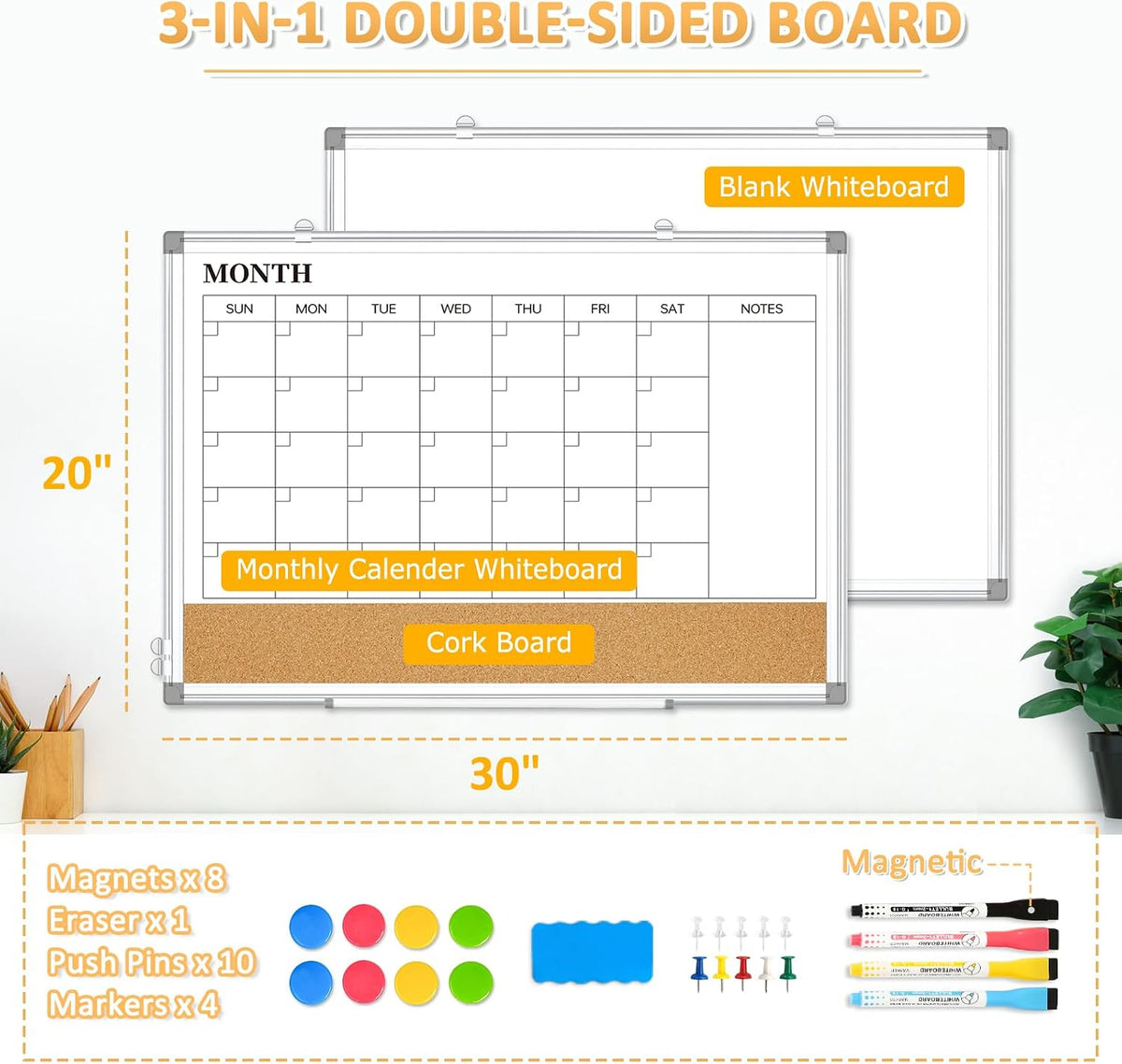 Monthly Dry Erase Calendar Whiteboard with Corkboard, 30" x 20", Si...