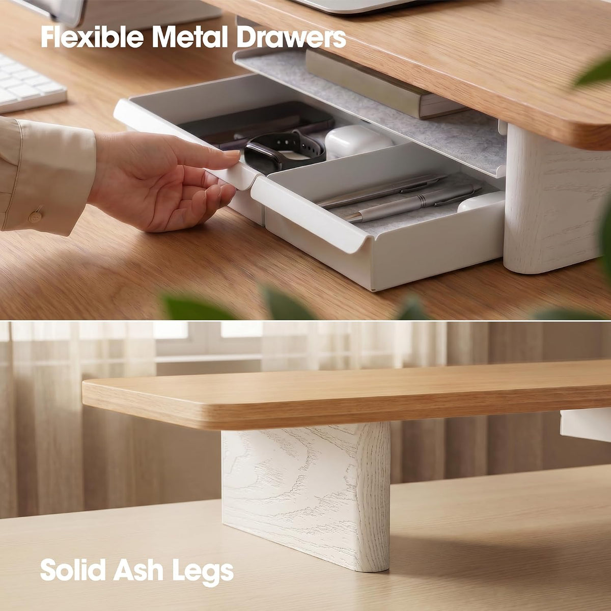 Fenge Modular Dual Monitor Stand Riser with Solid Ash Wood Leg, 42.5" Oak