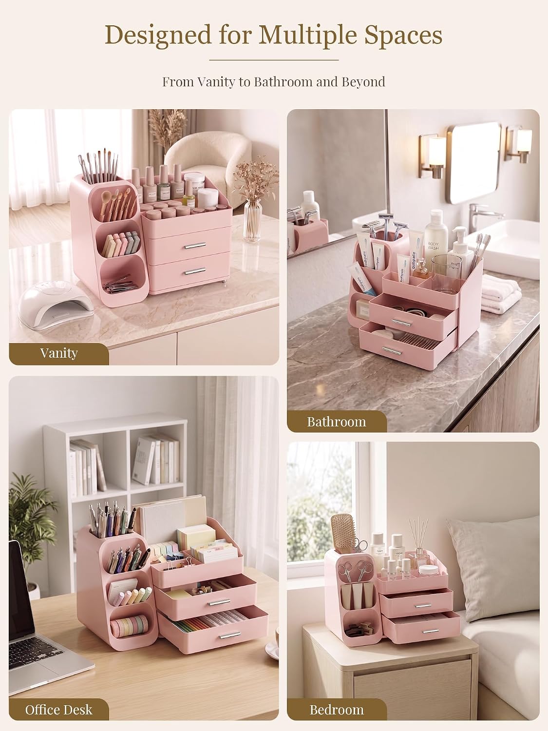 Booklov Large Makeup Organizer for Vanity Countertop, Pink