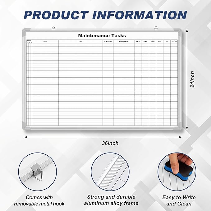 Lined Whiteboard Blank Grid Aluminum Frame Dry Erase Board Reusable Wall - Image 2