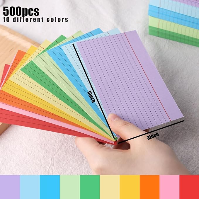 Koogel 500PCS Index Cards 3x5, Colored Lined Ruled Flash Cards - Image 4