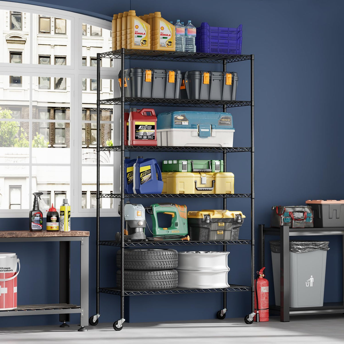 fdw | 6-tier wire shelf with wheels | shown in use