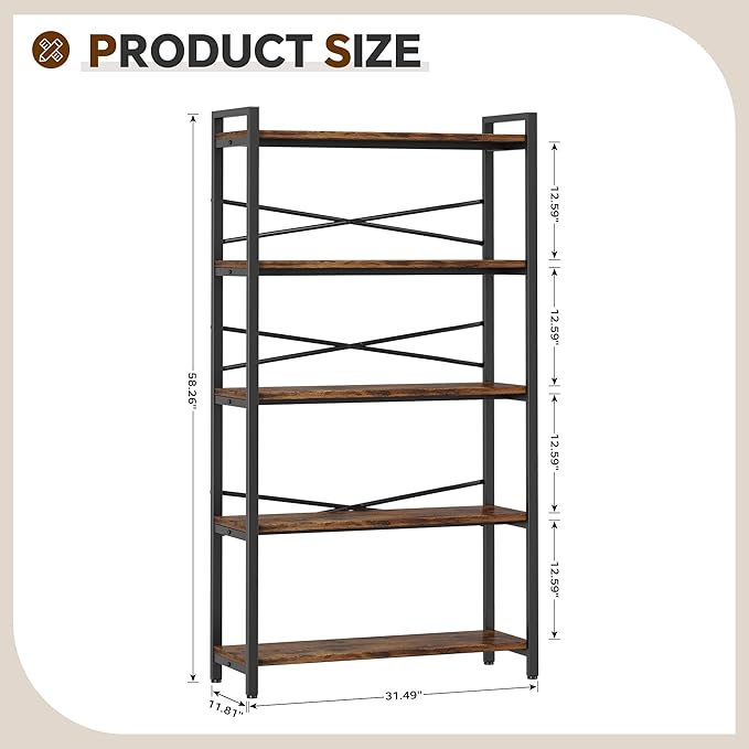 5 Tier Bookshelf 31.49" Width, Tall Book Shelf Storage and Organization - Image 3