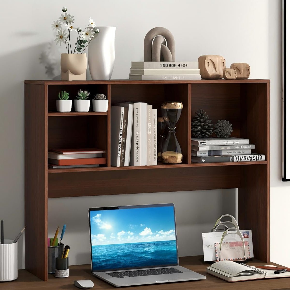 Desktop Bookshelf, 3-Tier Wood Countertop Bookcase w/ 5 Cubbies