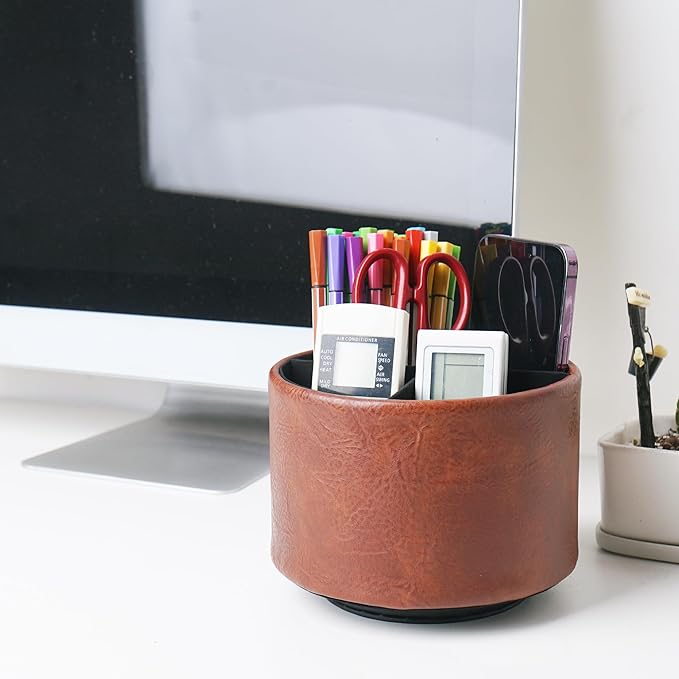 Hennaja Round Leather Art Supply Organizer, Remote Control Holder, 360 Degree - Image 7