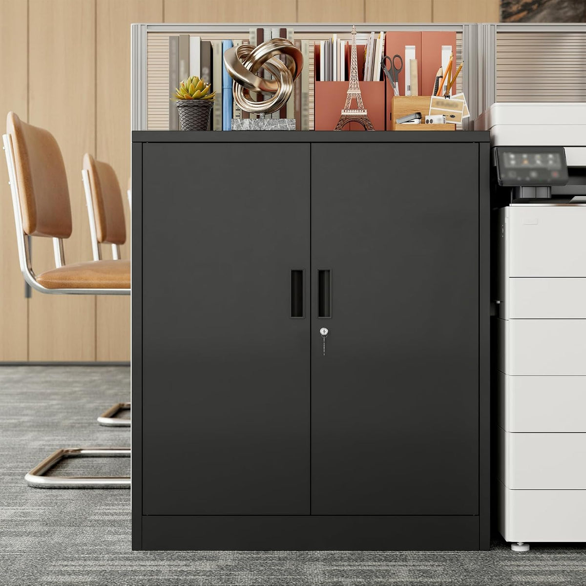 BESFUR Metal Garage Storage Cabinet with 2 Locking Doors and 2 Adjustable Shelves, 36" Black Metal Short Storage Cabinet for Home Office,Garage,School,Utility Room