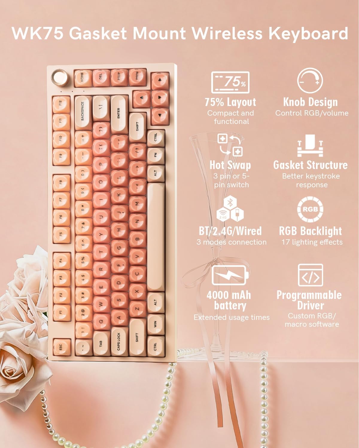 WK75 Wireless Mechanical Keyboard, Pink Creamy Keyboard with Knob