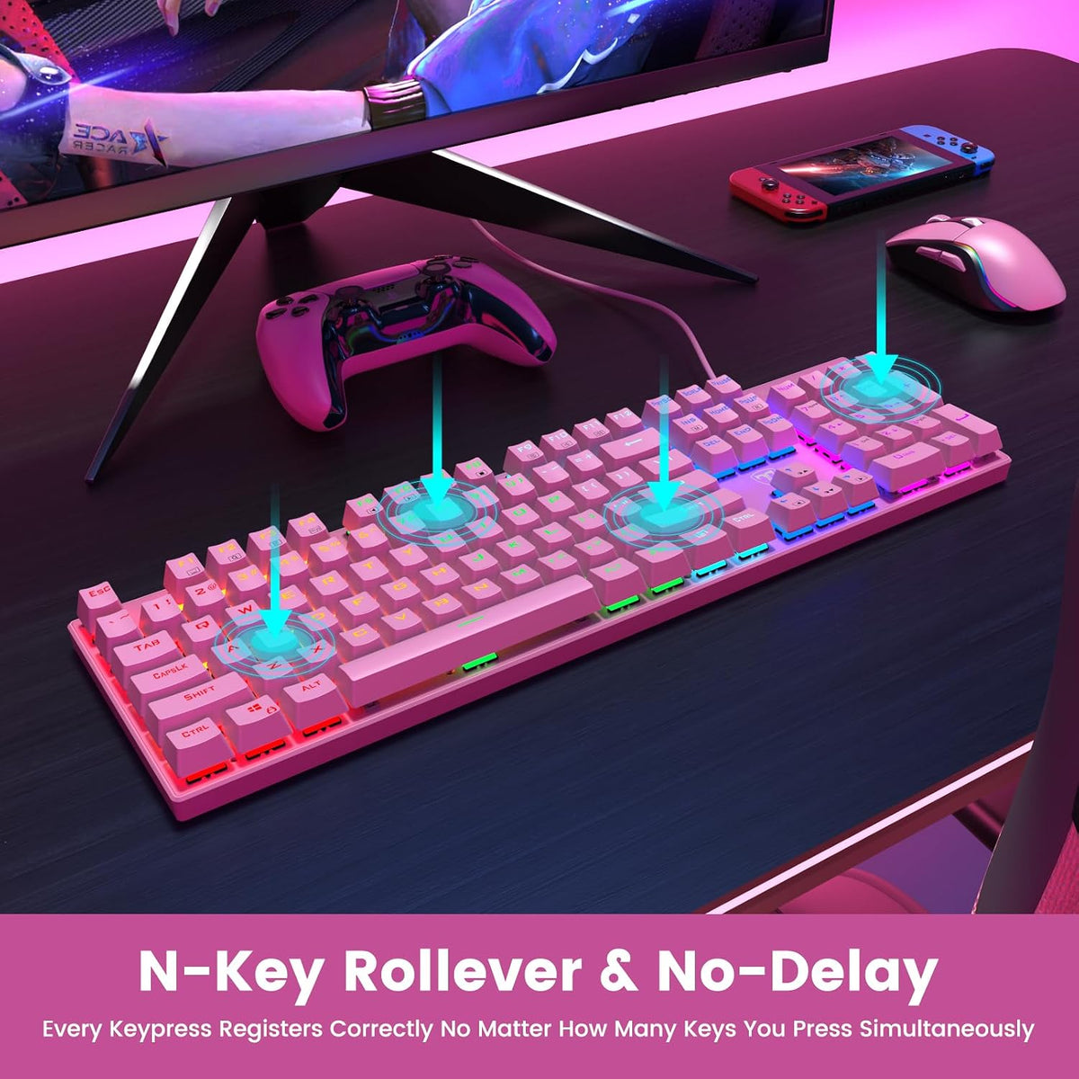 RisoPhy Mechanical Gaming Keyboard, Wired RGB 104 Keys, Blue Switch, Pink