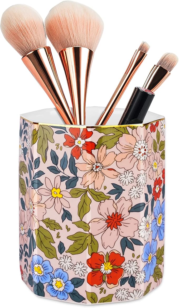 Jwest Pen Holder, Makeup Brush Holder Ceramic Shiny Gold Vintage Floral Flowers - Image 2