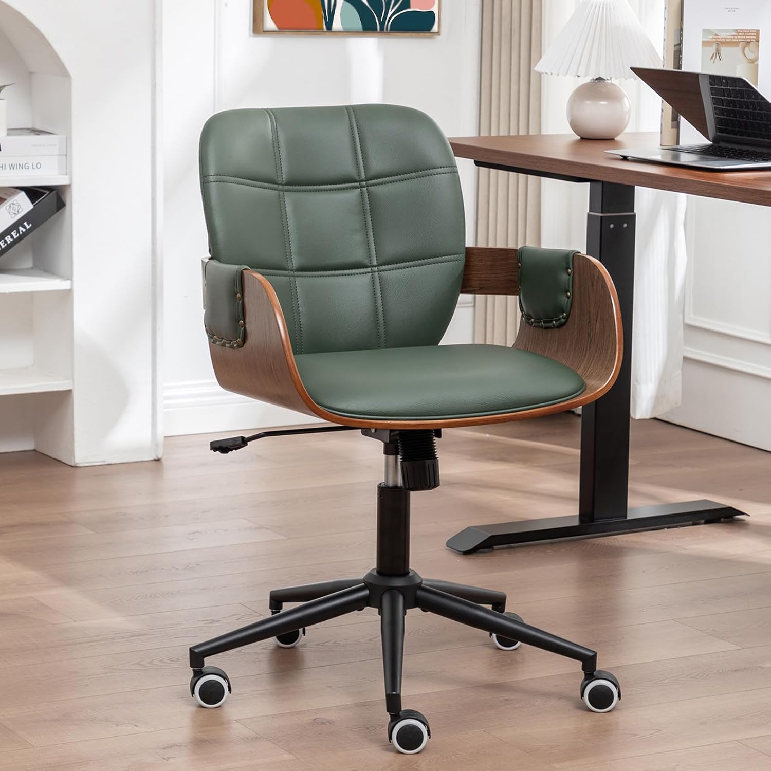 Mid Century Modern Desk Chair, Faux Leather Office Chair with Walnut Finish | Ergonomic Curved Back, Bentwood Frame, 360° Swivel & Rocking Function, Height Adjustable 19"-23", Support Up to 350 lbs