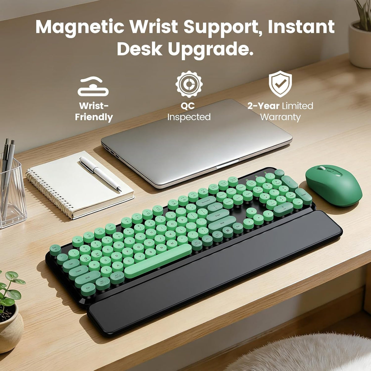 Wireless Keyboard Mouse, Magnetic Wrist Rest, Round Keycaps, Green & Black