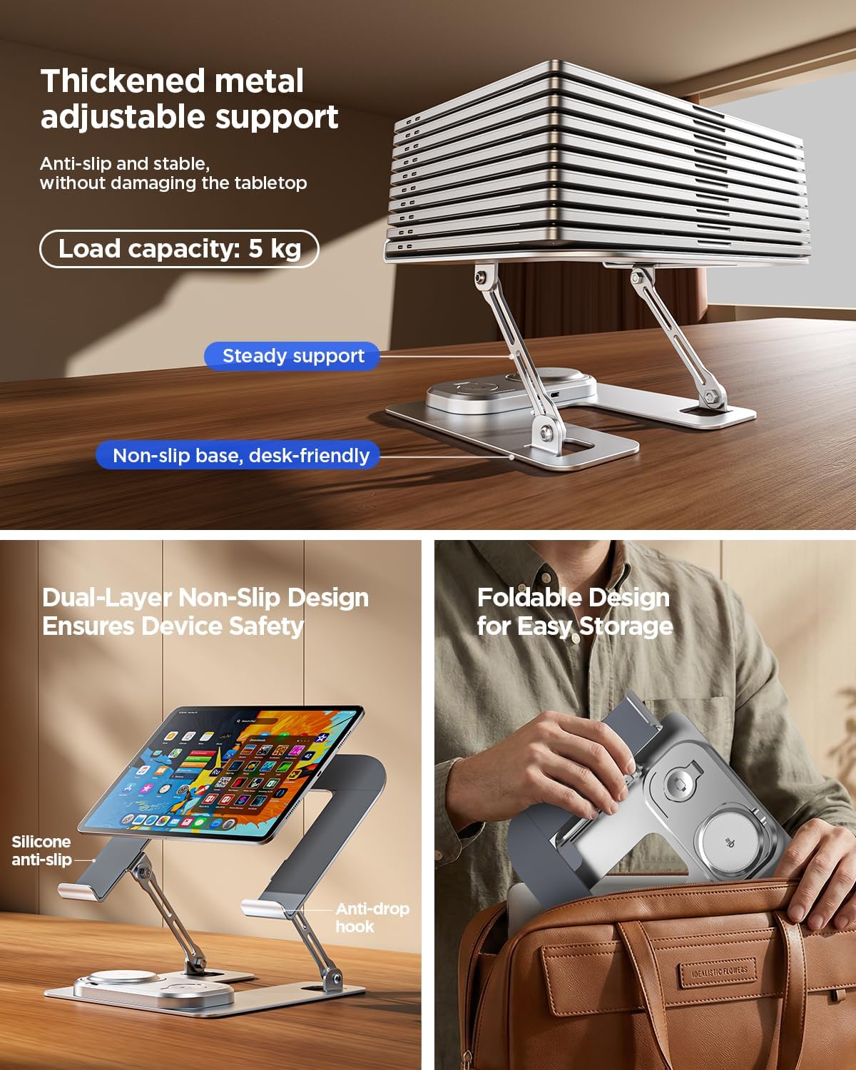 Adjustable Laptop Stand with Wireless Charger, Qi2 15W, 4in1