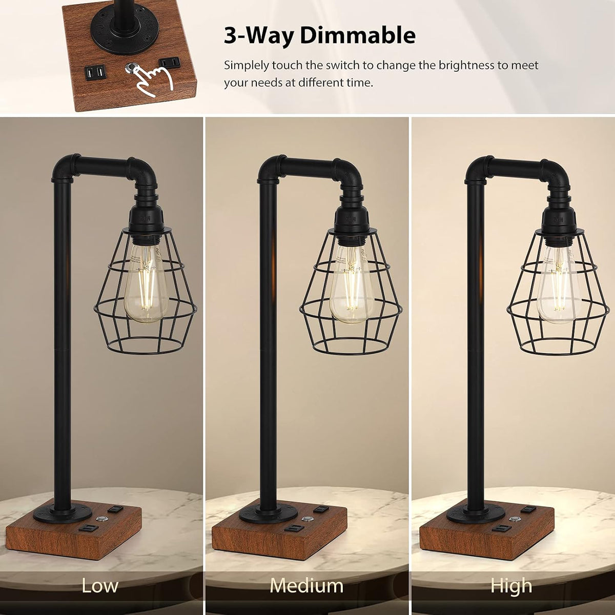 Industrial Touch Control Table Lamp with Metal Cage Shade, Desk Lamps