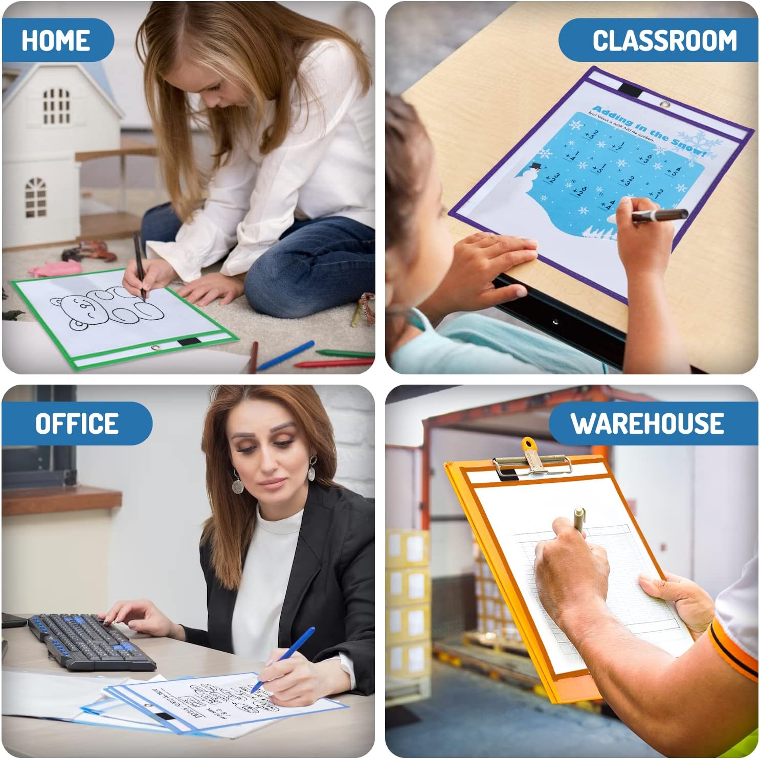 Dry Erase Pockets 30 Pack, 10" x 13" Reusable Pocket Sleeves | Heavy-duty clear pocket sleeves fit 10 x 13 for classroom worksheets, homeschool, quickly wipe to a flawless clean