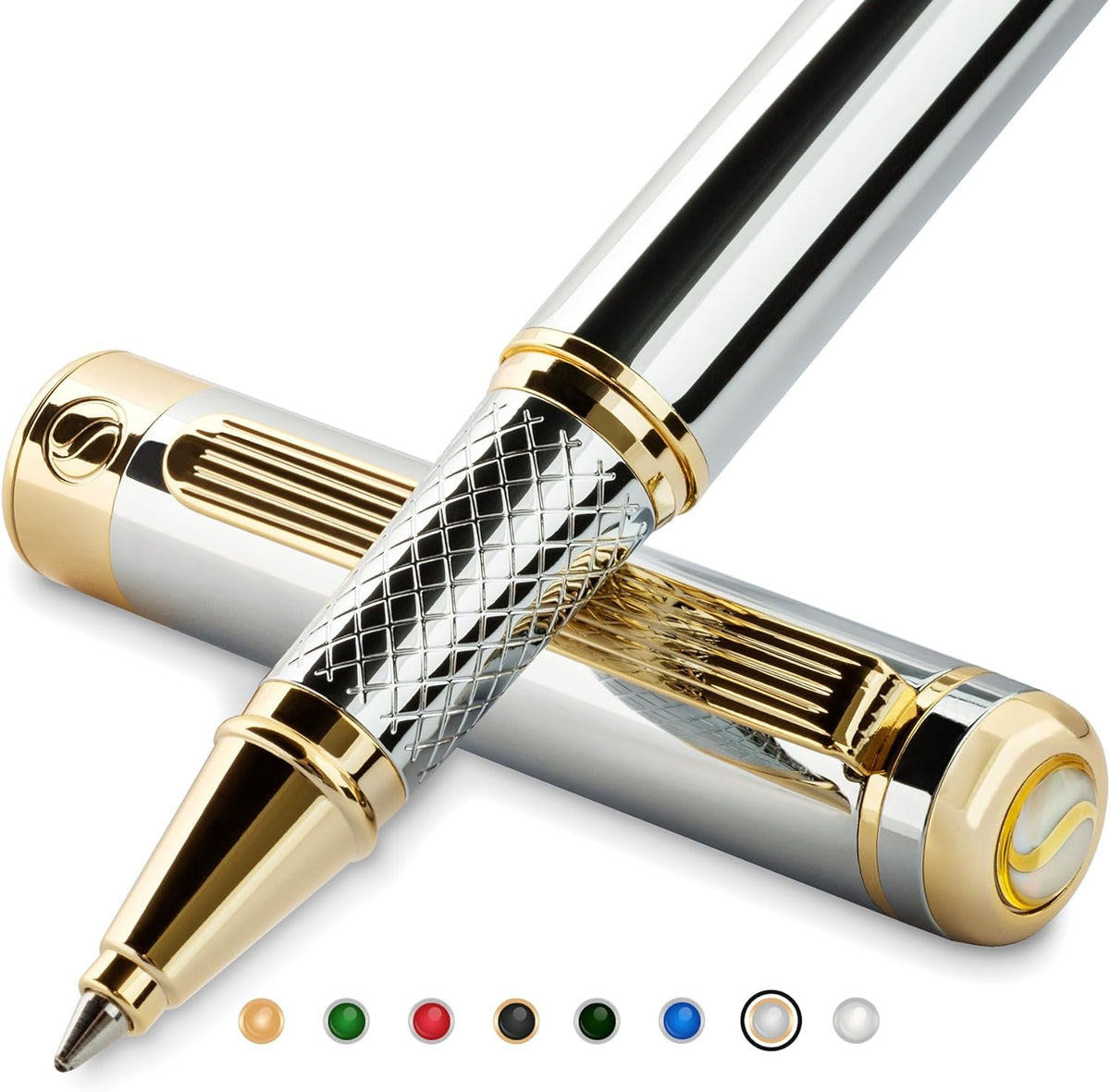 Scriveiner Silver Chrome Rollerball Pen - Stunning Luxury Pen, Real Gold Plat...