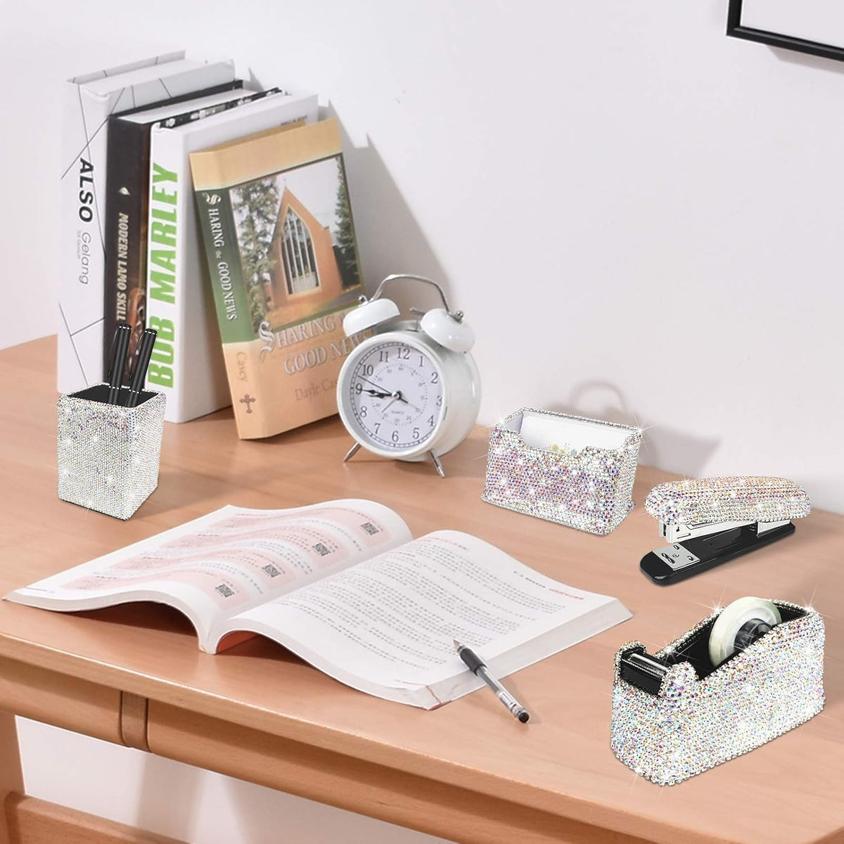Bling Crystal Luxury Handmade Diamond Square Pencil Pen Pot Holder & Stap...