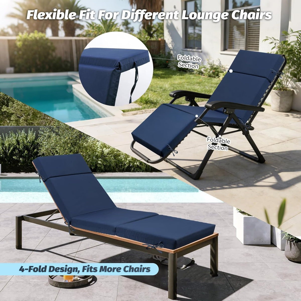 2 Pack Blue Outdoor Chaise Lounge Cushions, 72x21x3 in