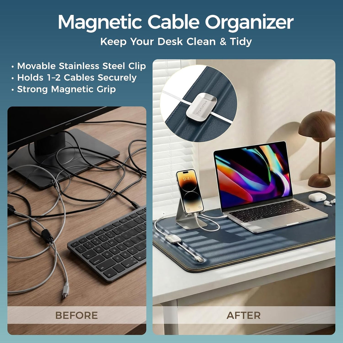 Desk Mat – Double-Sided Vegan Leather & Felt | Built-In Magnetic Cable Or...