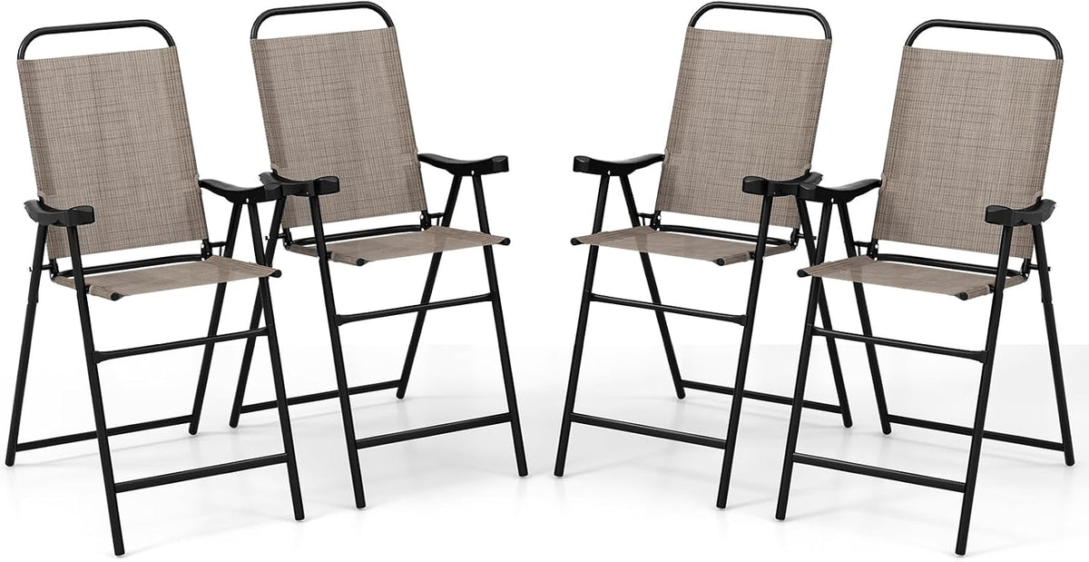 COSTWAY 4 Pieces Patio Folding Bar Chairs with Metal Frame, Footrest, Arms