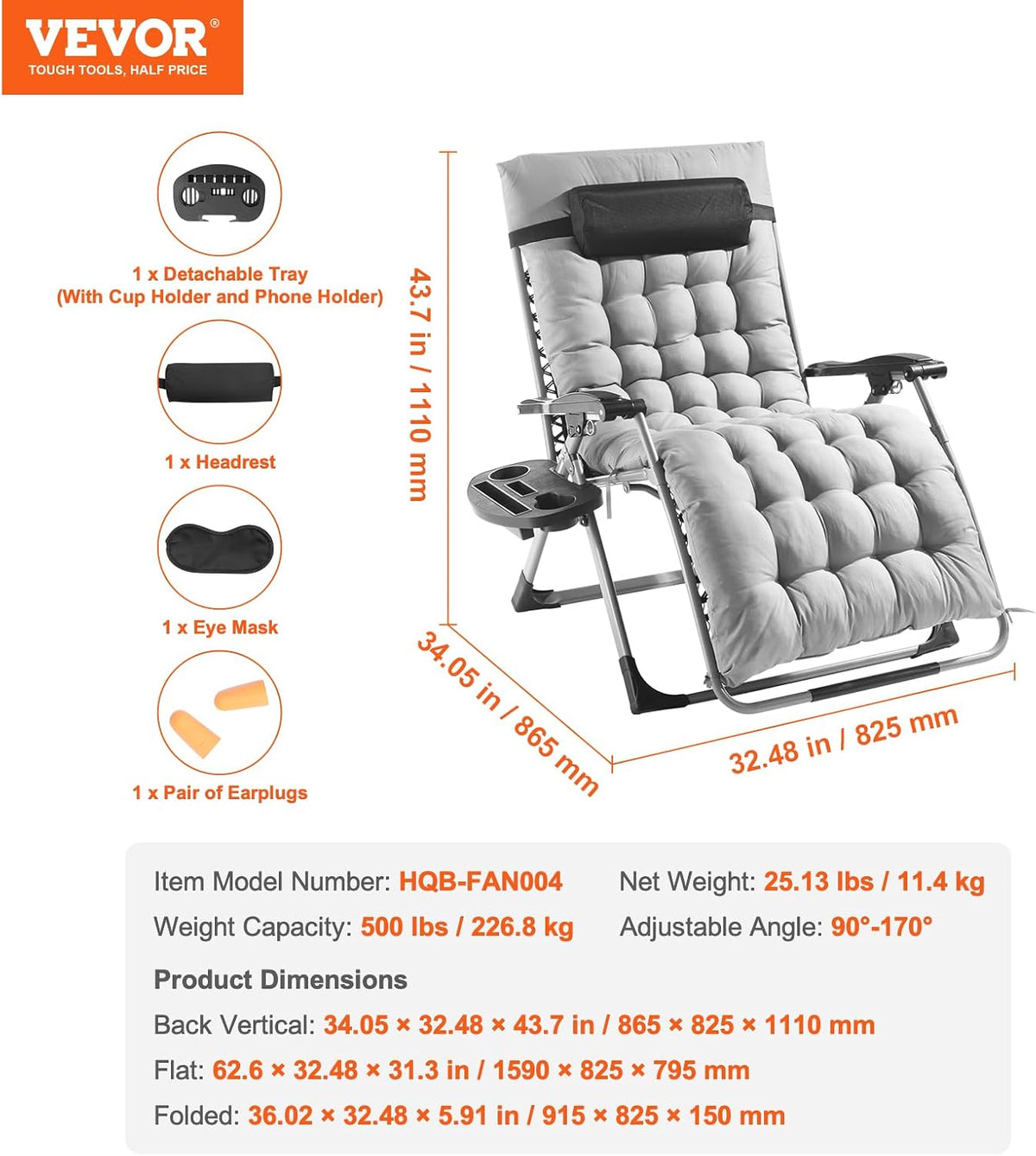 VEVOR Zero Gravity Chair, 33 inch Zero Gravity Recliner Lounge Chair for Indo...