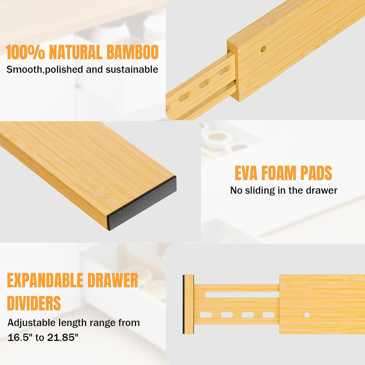 Bamboo Drawer Dividers, 4" High Drawer Organizers for Clothes/Utensils