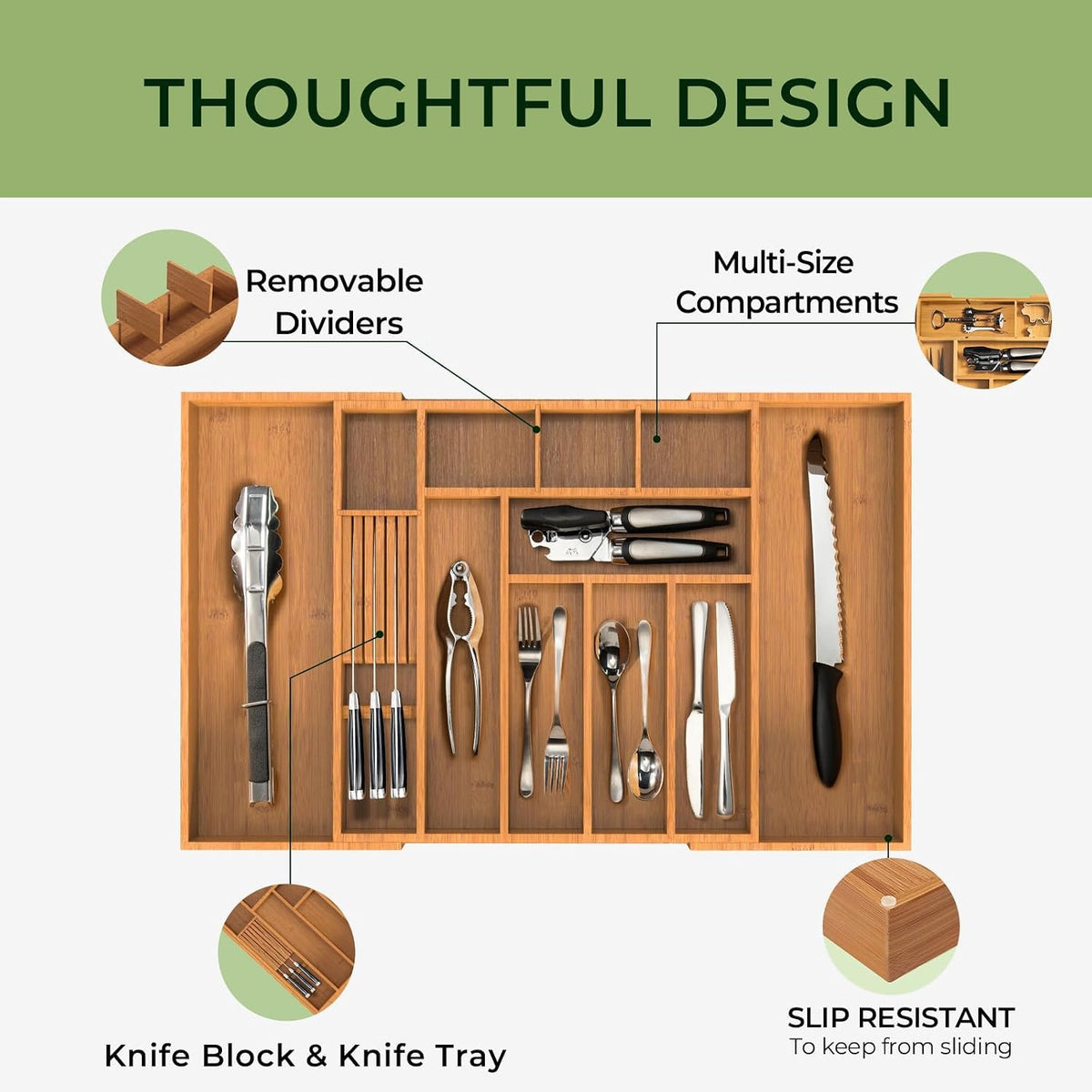 keechee Carbonized Large Bamboo Kitchen Drawer Organizer, 12 Slots Expandable...