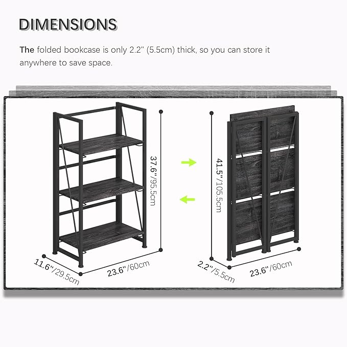 4NM No Assembly Folding Bookshelf Storage Shelves 3 Tiers Vintage Bookcase - Image 2