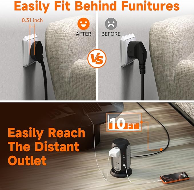 Tower Power Strip with 12 Outlets and 5 USB Ports, Flat Extension Cord 10 Ft - Image 5