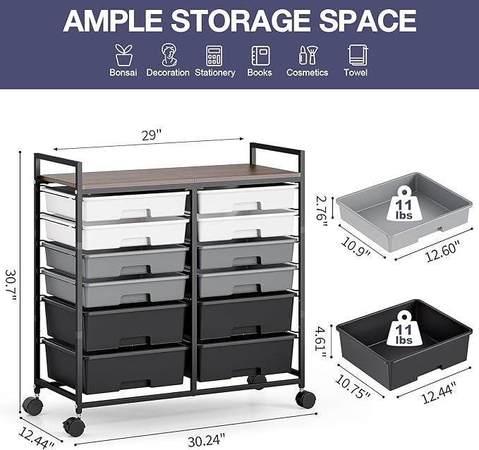 Rolling Storage Cart with 12 Drawers, Wooden Tabletop Utility Cart - Image 3