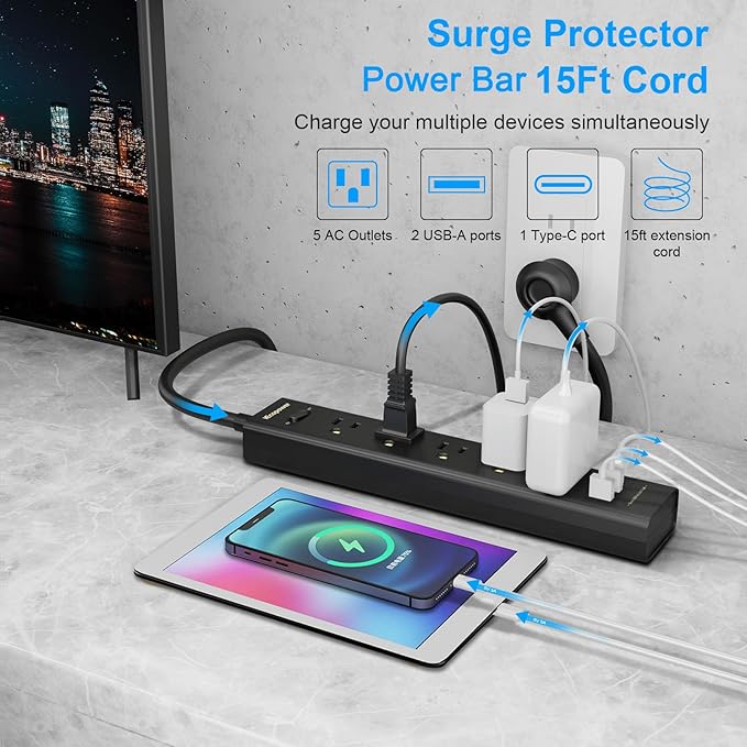 Surge Protector Power Strip 15 ft Cord-5 Widely Spaced Outlets 3 USB Ports - Image 2