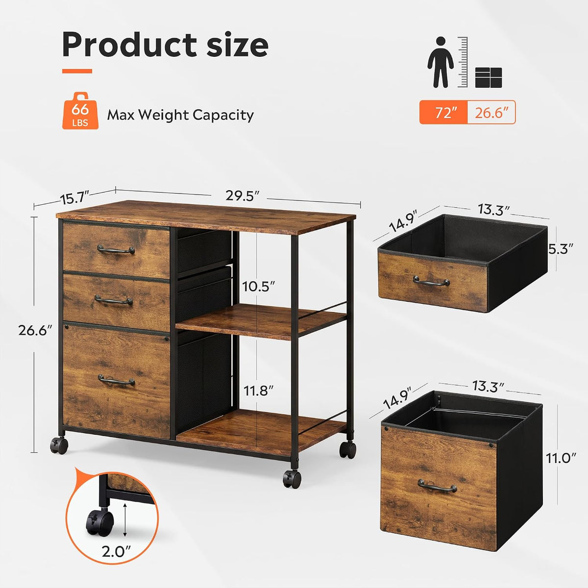 DEVAISE 3 Drawer Mobile File Cabinet, Fabric Lateral Filing Cabinet