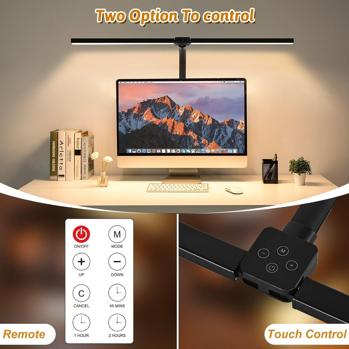 led desk lamp with clamp, dual head monitor shown in use