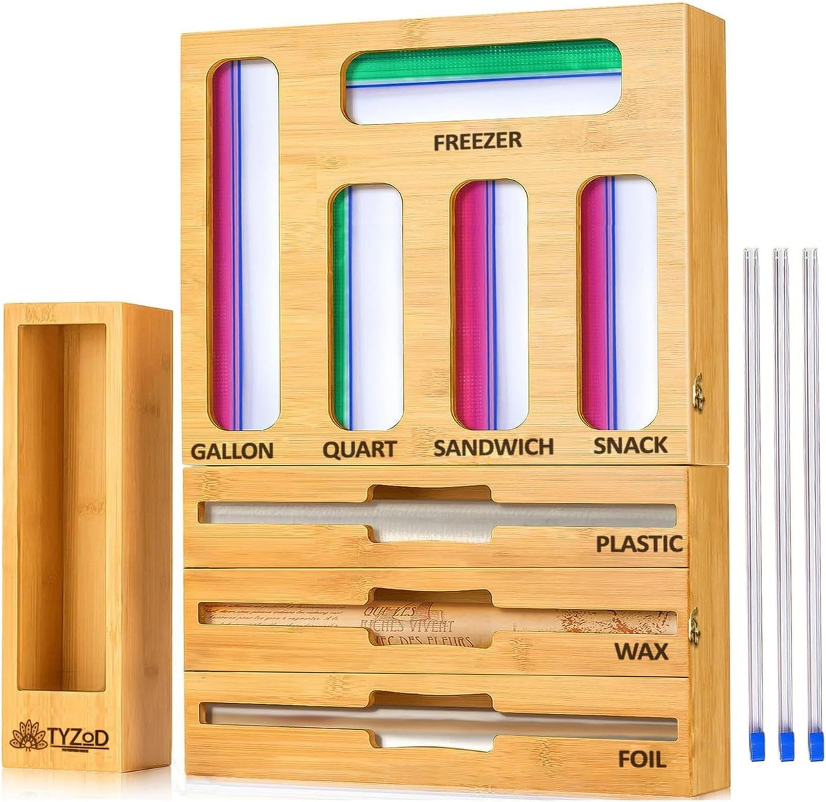 9-in-1 Bamboo Storage Bag Organizer with Cutter, Kitchen Drawer & Wall Mo...